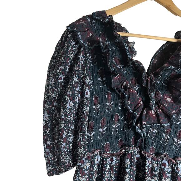 Sea Nadine Navy Blue Border Print Puff Sleeve Ruffled V-Neck Maxi Dress Size 14 - Picture 9 of 16